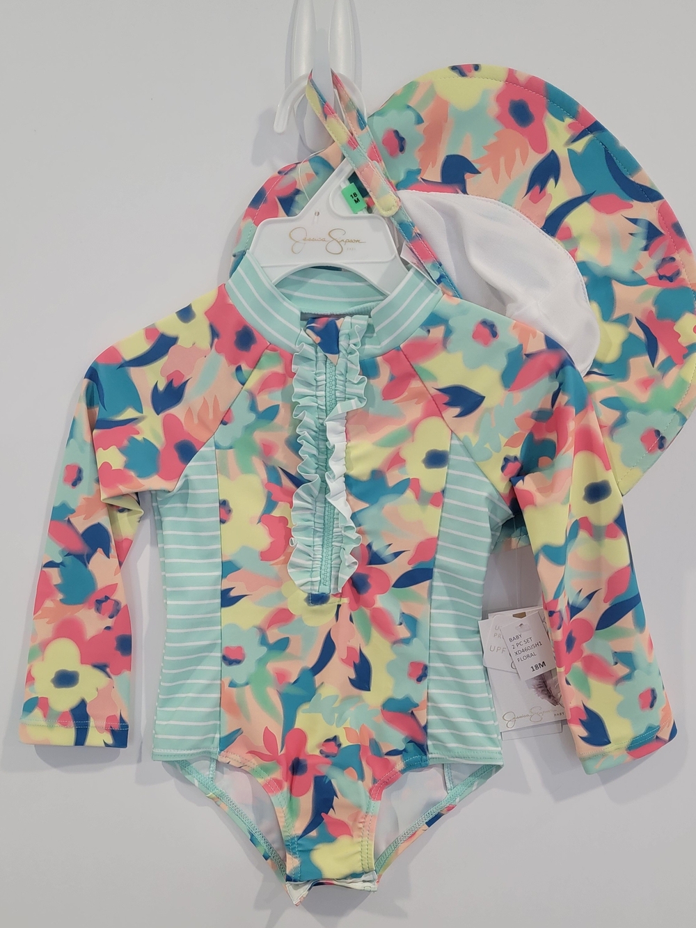Jessica Simpson Girls Floral Mint Multi Long-Sleeve Rash Guard Swimsuit with Hat